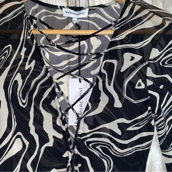 WeWoreWhat Black Marble Mesh Dress Ruched Bodycon Sheer Long Sleeve XS NWT - Picture 5 of 8
